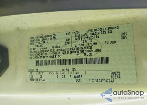 2005 Ford E-250 Commercial/Recreational z USA, uszkodzony, nr VIN 1FTNE24L25HA88100